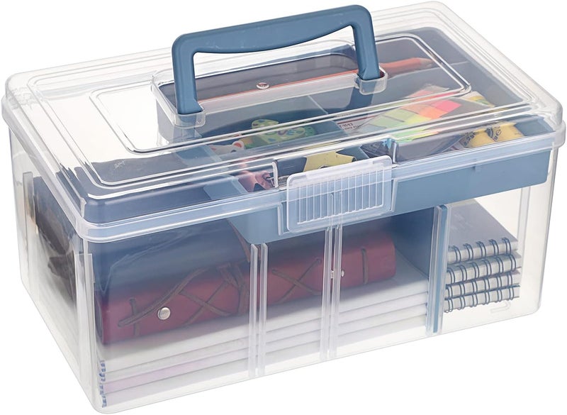 BTSKY 2 Layer Clear Plastic Dividing Storage Box with Removable Tray Multipurpose Stationery Storage Box with Handle Portable Sewing Box Art Craft Supply Organizer Home Utility Box (Big Blue) - Image 1